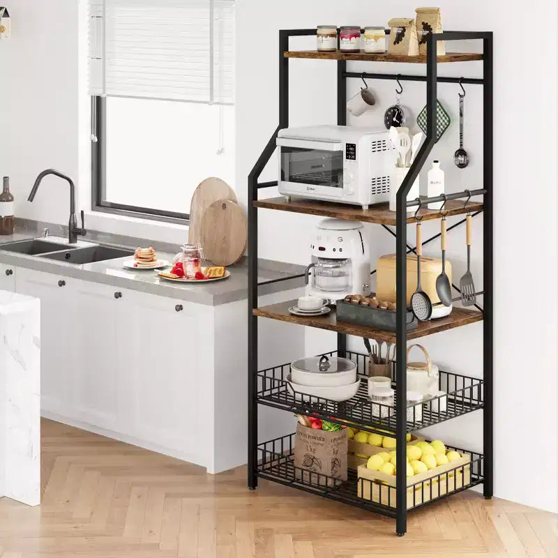 Porta Microonde a 5 Livelli con Scaffale, Piedini Regolabili e Kit Antiribaltamento Inclusi