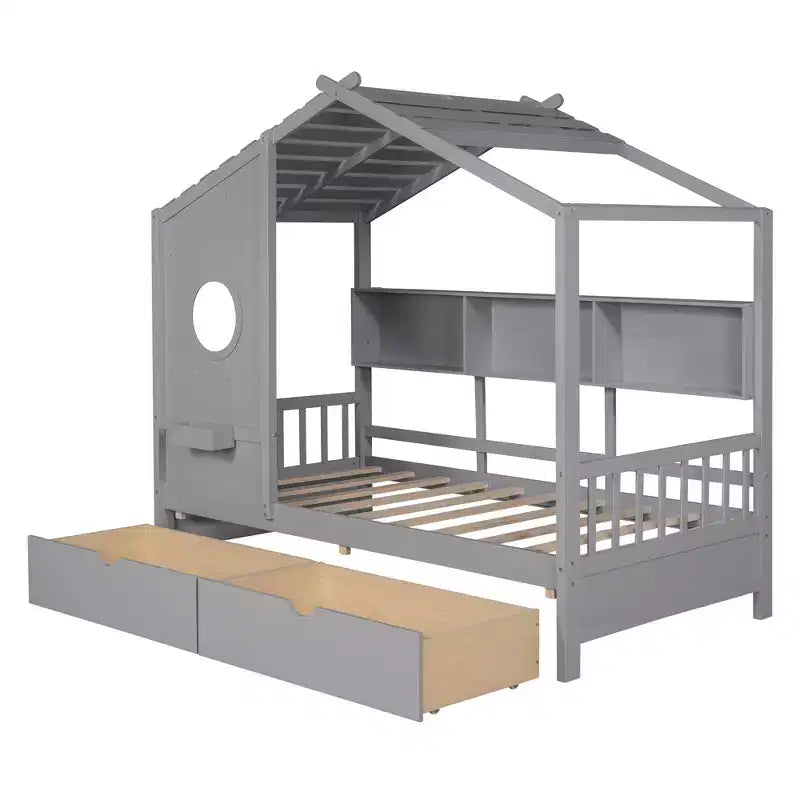 Lit cabane en bois format simple/double avec 2 tiroirs, lit pour enfant avec étagère de rangement - ModernLuxe