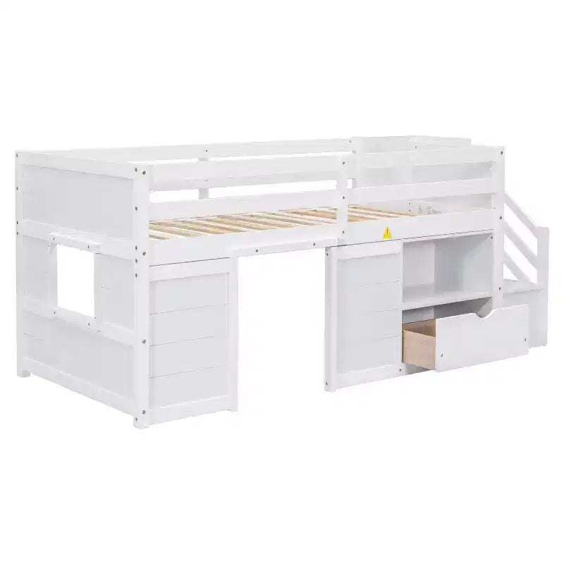 94.6L x 42.3W laag halfhoogslaper van massief hout voor een eenpersoonsbed, met trap, lade en plank, modern en strak ontwerp