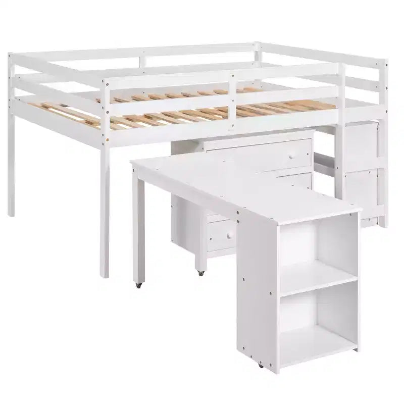 Niedriges Hochbett in voller Größe mit Rolltisch, 3 Schubladen und Regalen