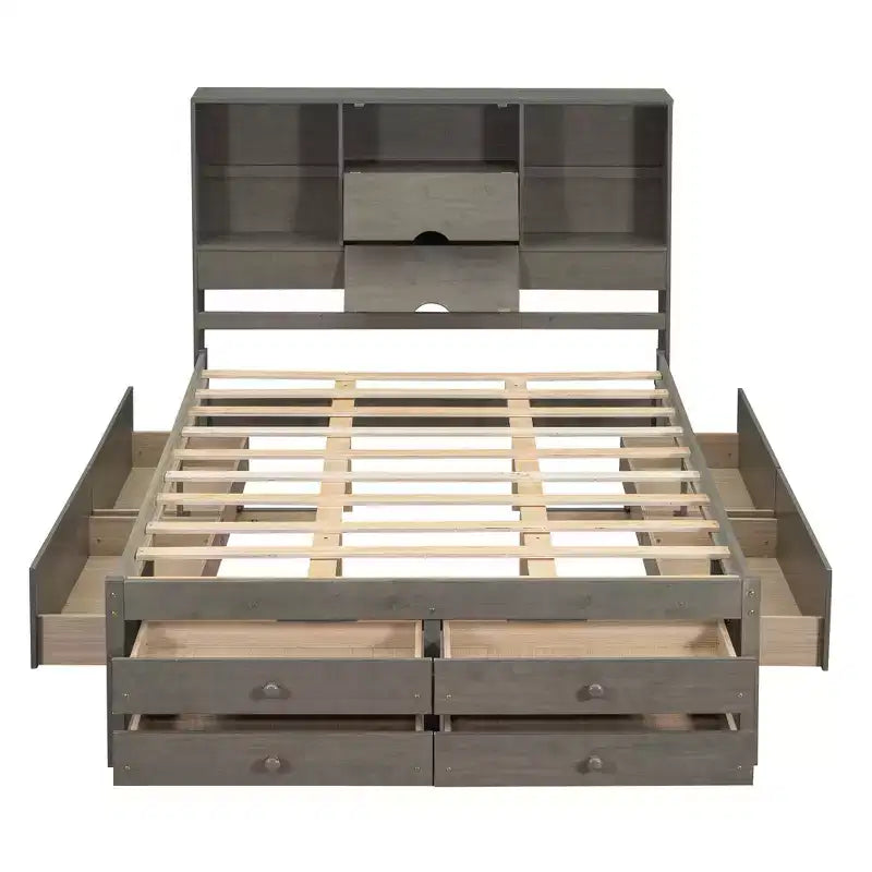 Queensize bed met opbergrek en 8 laden, eenvoudig te monteren