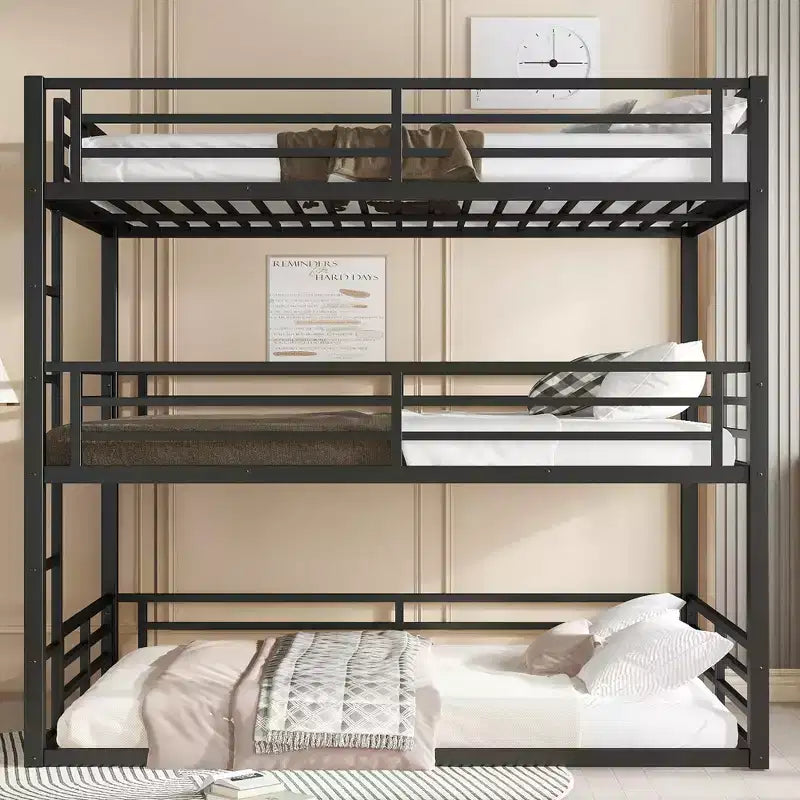 Etagenbett für drei Personen, Metall, mit Sicherheitsgittern, robustes Etagenbett mit geräuschreduziertem Design, Schwarz