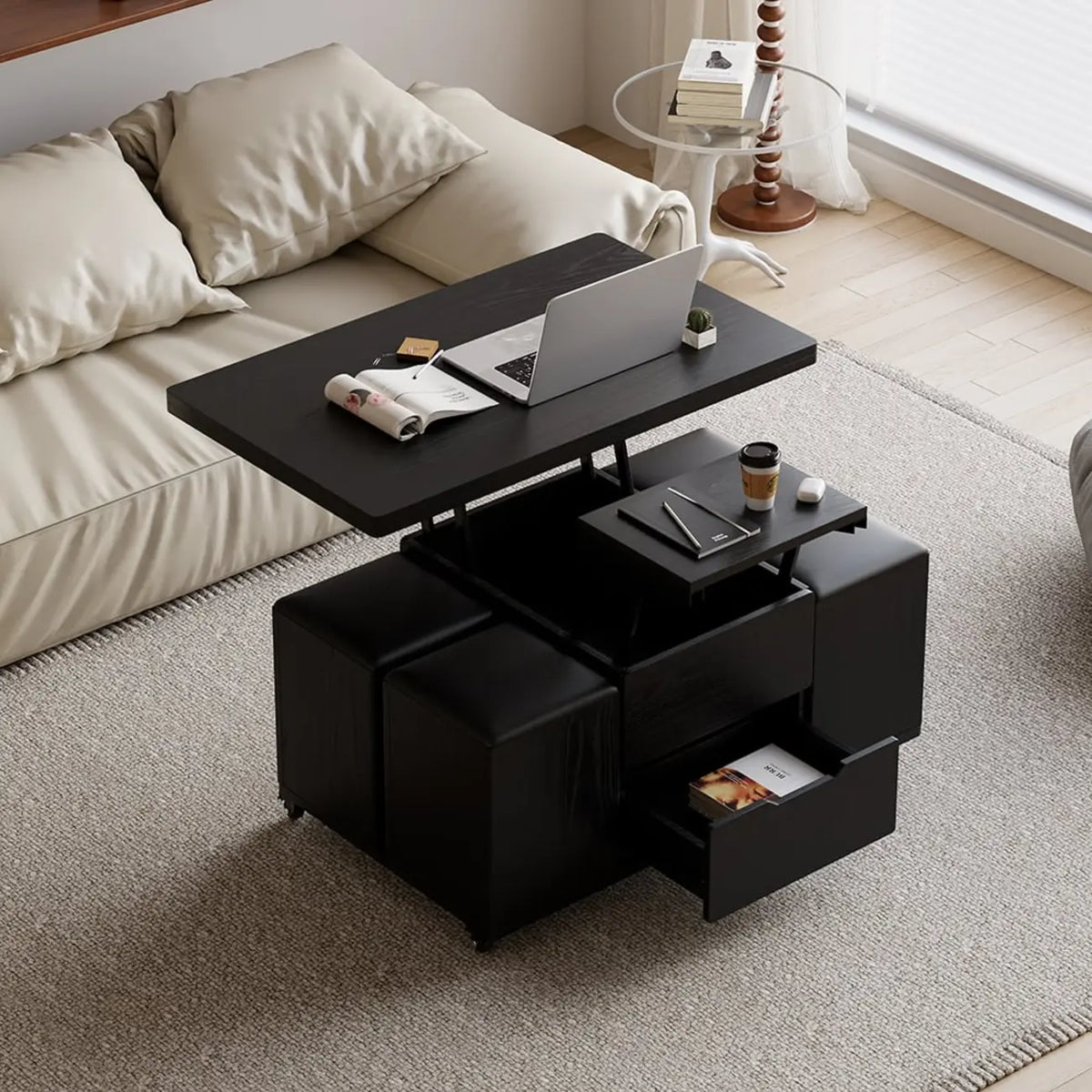 Table basse pliable à plateau relevable avec 4 tabourets et rangement
