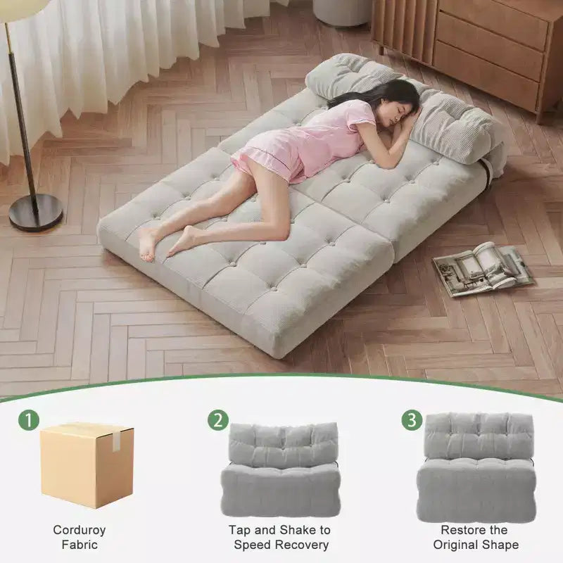 Klappbares Schlafsofa-Futon aus Cord in voller Größe, umwandelbarer Bodenschlafsessel mit Kissen und Rückenstütze