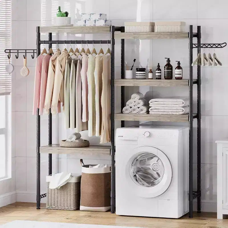 Rek boven de wasmachine, droogrek met 5 niveaus en verstelbare hoogte, badkamerrek, ruimtebesparende opbergruimte voor de badkamer en wasruimte
