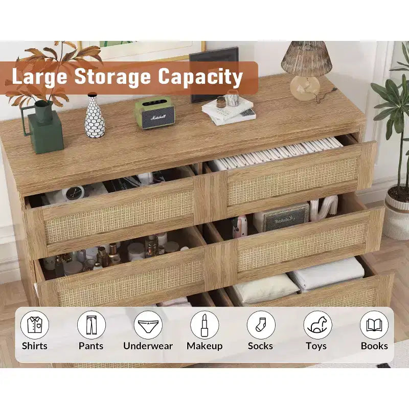 Rotan ladekast voor de slaapkamer met 6 laden, brede moderne ladekast van 47 inch in landelijke stijl, houten opbergkast en organizer voor kledingkast, woonkamer en hal