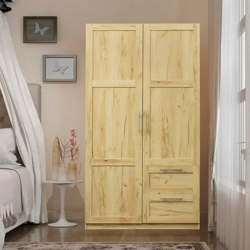 Armoire de rangement en bois blanc avec portes, tiroirs et tringle de penderie
