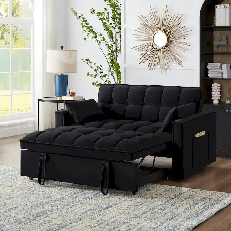 4-in-1-Zweisitzer-Schlafsofa mit Armlehnen und Aufbewahrungstaschen, multifunktionales, getuftetes Ausziehsofa mit verstellbarer Rückenlehne