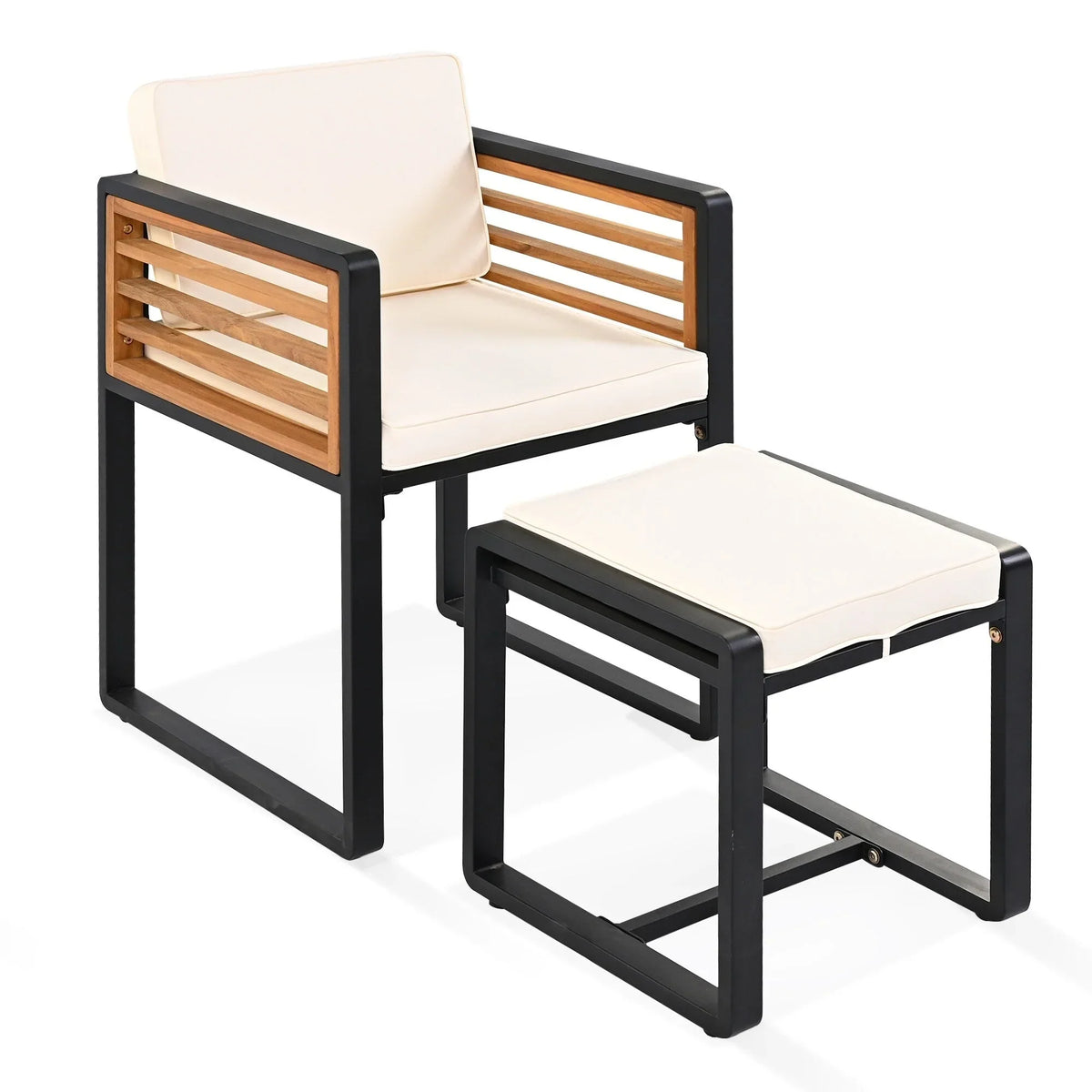 18-teiliges Garten-Esszimmer-Set aus Akazienholz, 8 gepolsterte Stühle, 8 Hocker und 2 quadratische Tische
