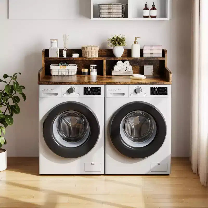 Tweedelig werkblad voor wasmachine en droger met plank of lades, afdekblad voor de wasmachine met antislipmat, wasblad van 54X27.5 om kleding op te vouwen
