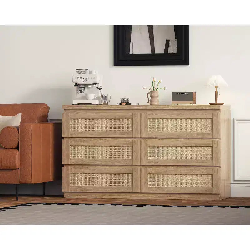 Rotan ladekast voor de slaapkamer met 6 laden, brede moderne ladekast van 47 inch in landelijke stijl, houten opbergkast en organizer voor kledingkast, woonkamer en hal