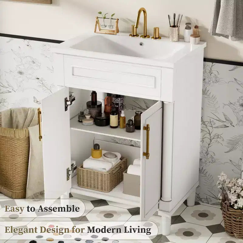 Badkamermeubel van 24 met keramische wastafel, kast in shakerstijl, 2 softclosedeuren en massiefhouten frame, voor een kleine badkamer of toiletruimte