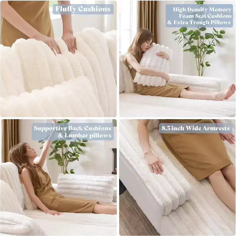 AMERLIFE 93 Doppelliege-Sofa für zwei Personen, tiefes Cloud-Sofa mit Lendenkissen und breiten Armlehnen, einfacher Aufbau, Kunstfell