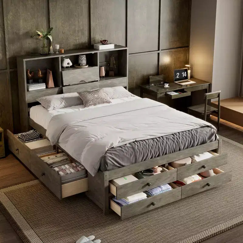 Queensize bed met opbergrek en 8 laden, eenvoudig te monteren