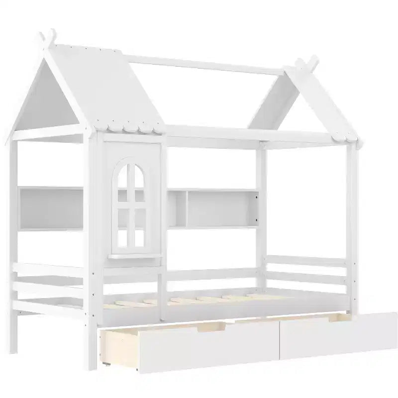 Hausbett mit Stauraumschubladen und Fenster, Massivholzrahmen mit Regalen, kindgerechtes verspieltes Design, hellweiß