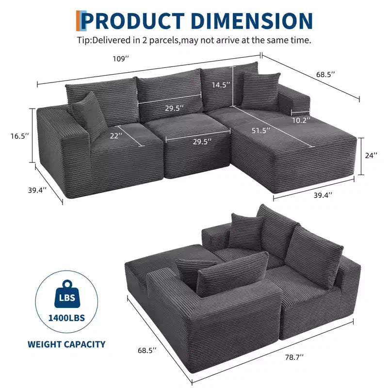 108 Modernes Sofa, 3-Sitzer-Polstersofa in L-Form mit Kissen, Sofa mit tiefer Sitzfläche, keine Montage erforderlich
