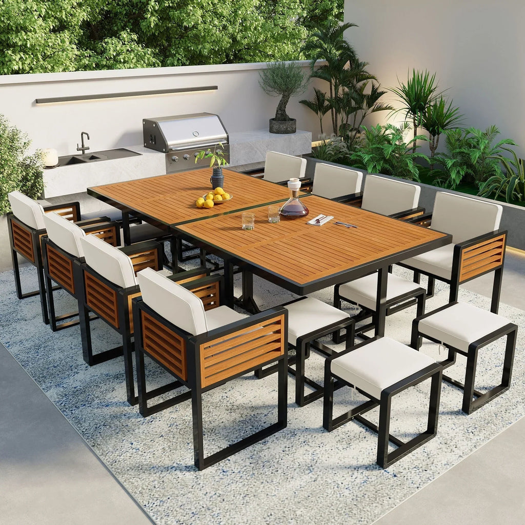 18-teiliges Garten-Esszimmer-Set aus Akazienholz, 8 gepolsterte Stühle, 8 Hocker und 2 quadratische Tische