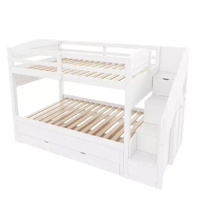 Whisen XL-Etagenbettgestell mit Ausziehbett, Etagenbett mit Stauraum, Etagenbett aus Massivholz, Stauraumtreppe, Kleiderschrank, 3 Schubladen, für Kinder