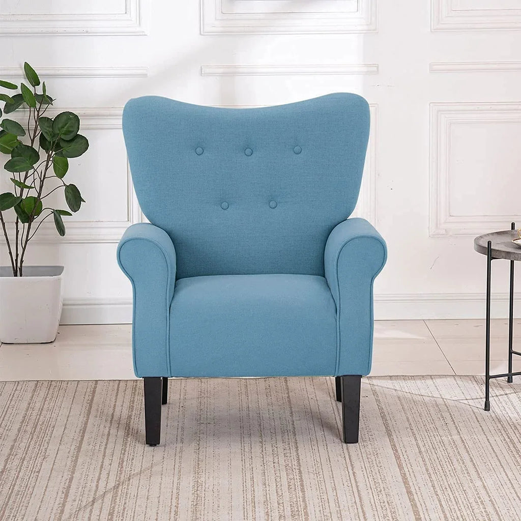 Fauteuil d’appoint moderne Erommy à dossier haut, fauteuil une place en tissu rembourré avec boutons et pieds en bois, pour salon