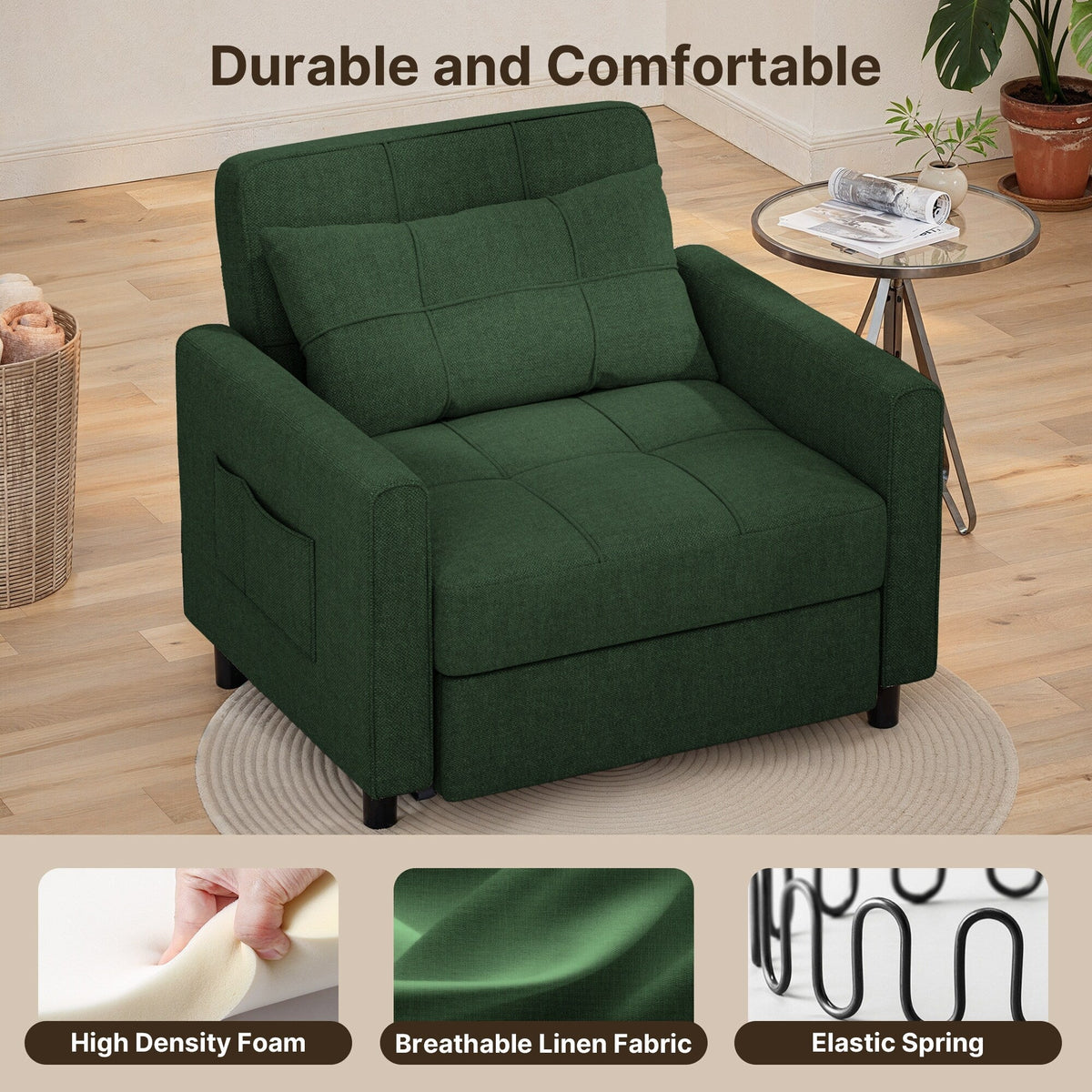 3-in-1-Schlafsofa mit verstellbarer Liegefläche, ausziehbares Sesselsofa, umwandelbares Klappbett fürs Wohnzimmer