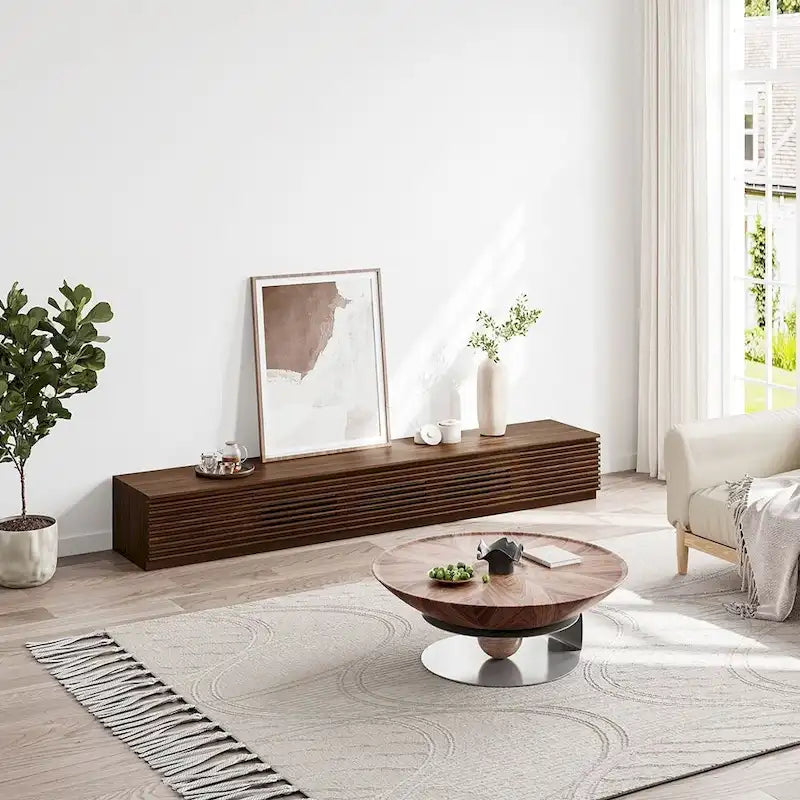 Minimalistische tv-kast met lades, mediameubel van massief hout met kasten, neerklapbare deur, walnootfineer, volledig gemonteerd