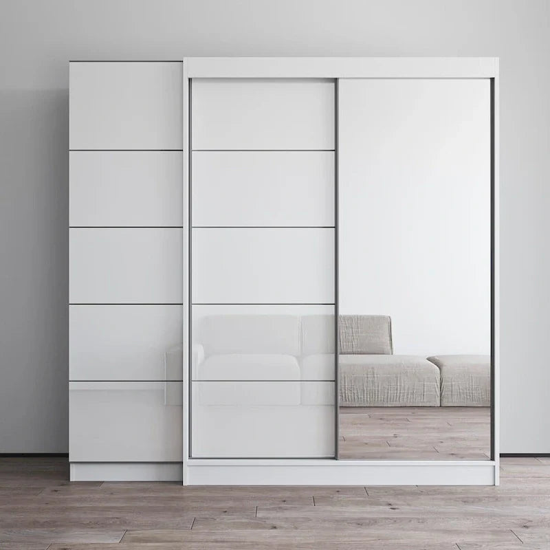 Kleiderschrank mit 2 Türen und Spiegel, Glasfront, für 2 Personen (Grau / Schwarz / Weiß)