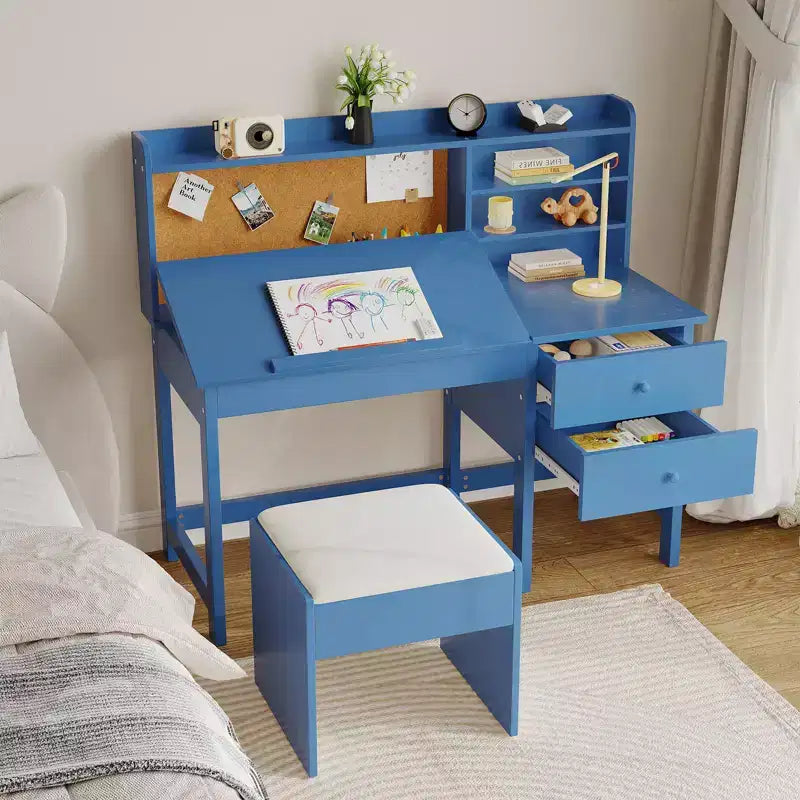 Kinderbureau met stoel, houten studeertafel met verstelbaar schuin bureaublad, lades en prikbord van kurk - schoolbureau voor kinderen