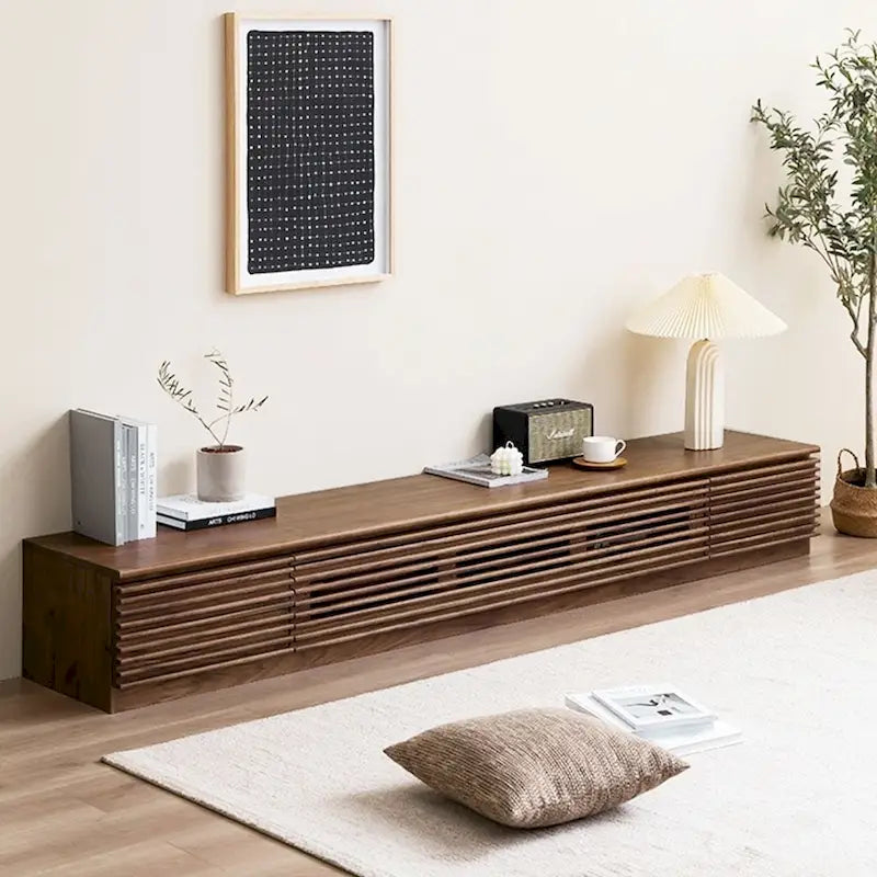 Minimalistische tv-kast met lades, mediameubel van massief hout met kasten, neerklapbare deur, walnootfineer, volledig gemonteerd