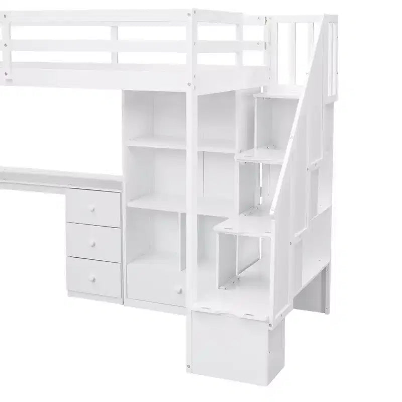 Hochbett in Einzelbettgröße mit L-förmigem Schreibtisch, 3 Schubladen, Schrank und Stauraum in der Treppe, Konstruktion aus massivem Kiefernholz/MDF