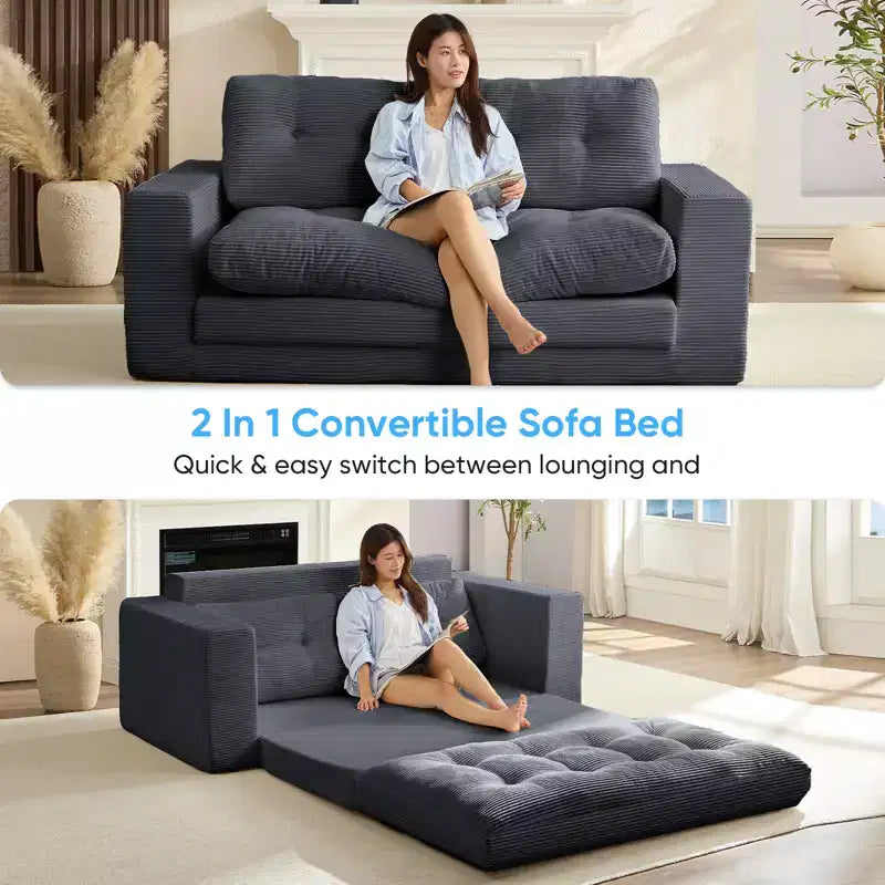 Canapé-lit futon convertible 2-en-1 Mjkone de 71', en tissu côtelé, pliable et capitonné avec boutons, canapé-lit deux places gain de place