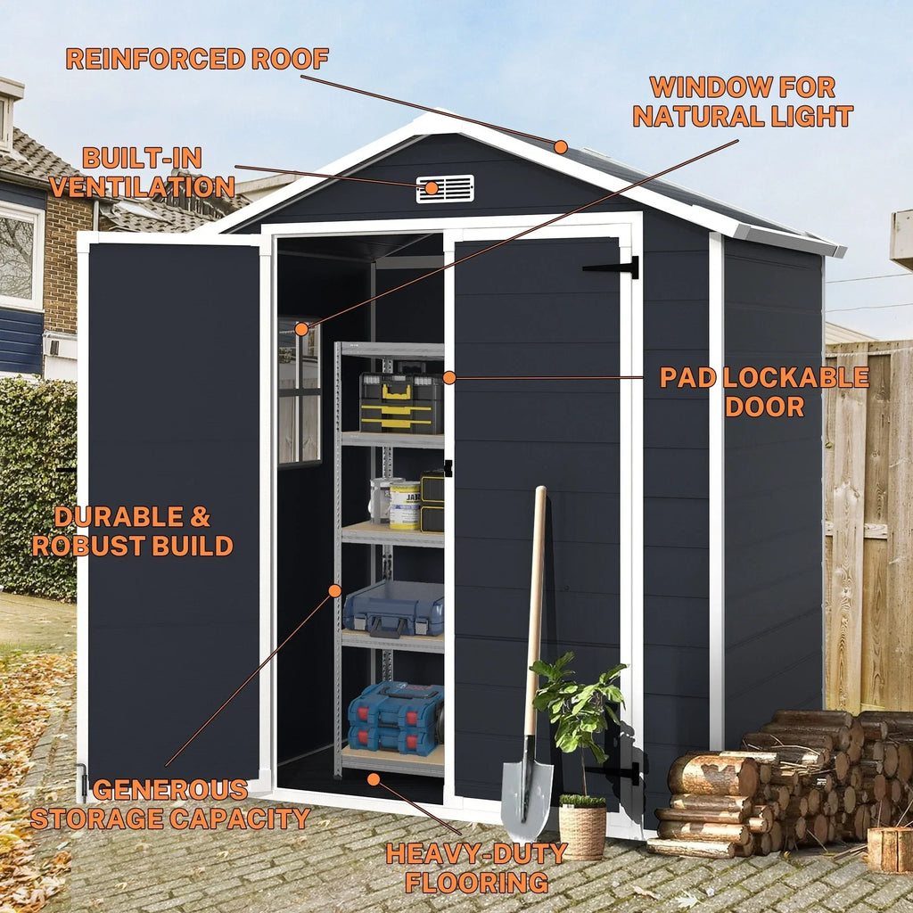 Abri de rangement extérieur en résine et plastique, tous temps, avec plancher, 6 ft x 4 ft/6 ft x 8 ft/8 ft x 6 ft/8 ft x 10 ft, abri à outils Spire