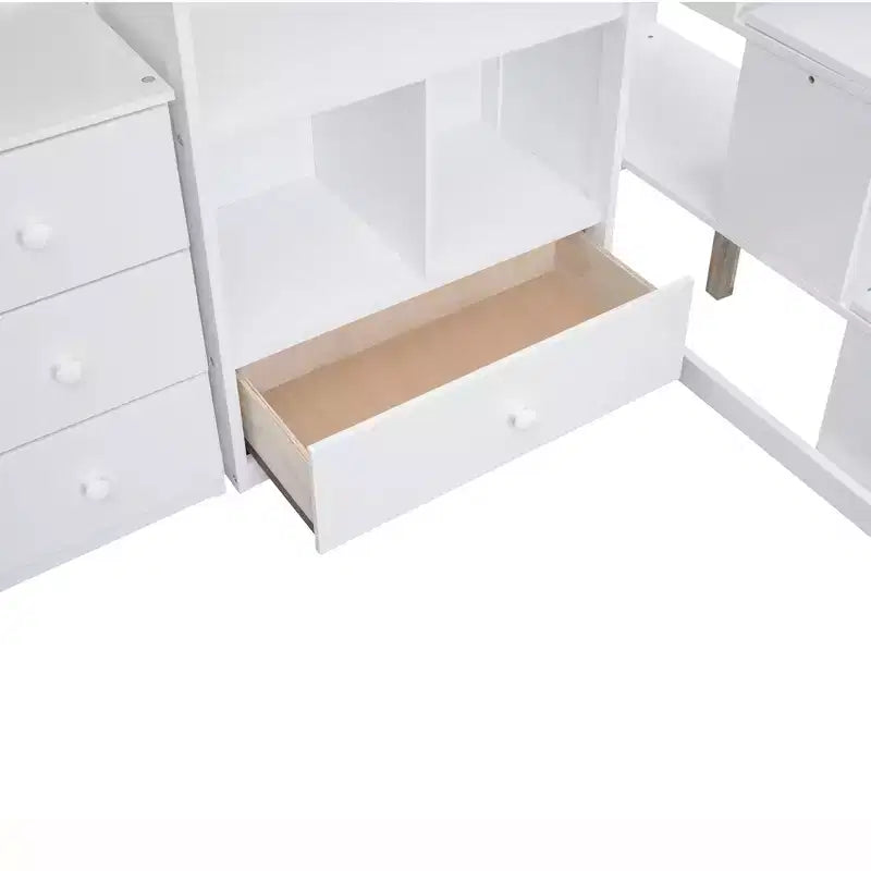 Hochbett in Einzelbettgröße mit L-förmigem Schreibtisch, 3 Schubladen, Schrank und Stauraum in der Treppe, Konstruktion aus massivem Kiefernholz/MDF