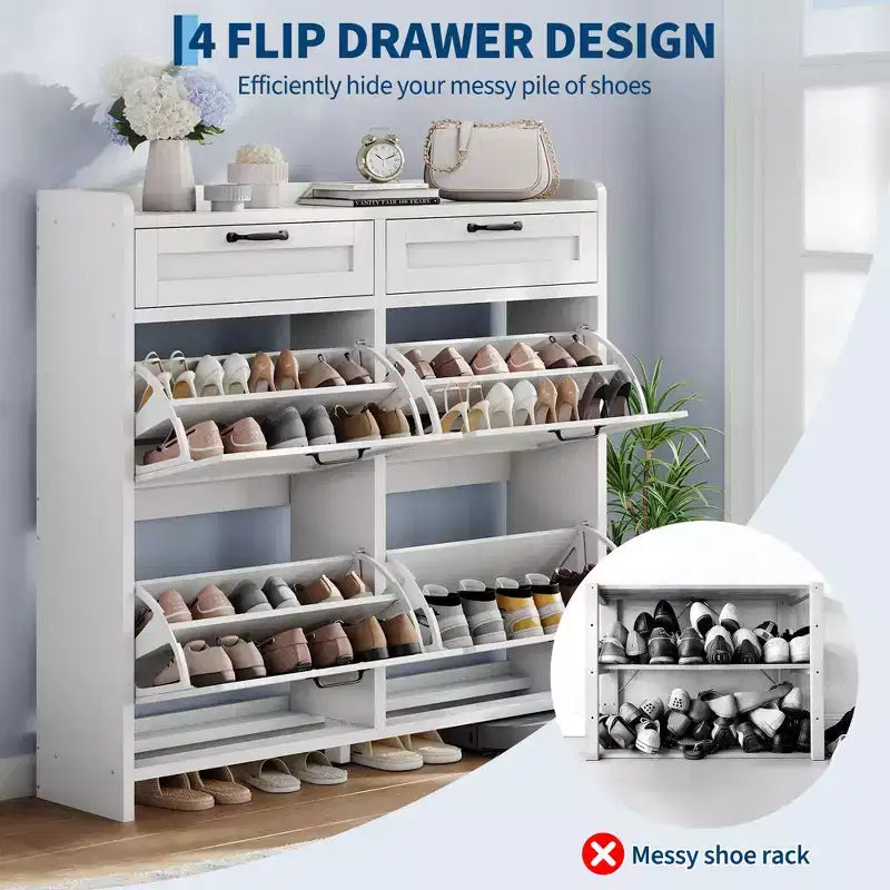 Schuhschrank mit 4 Klappfächern und 2 oberen Schubladen, Schuhschrank aus Holz mit verstellbarem Einlegeboden, freistehender Schuhschrank