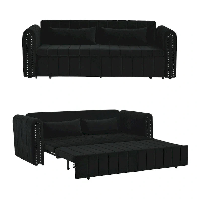 Moderner, wandelbarer Schlafsofa-Loungesessel aus Samt mit gerollten Armlehnen, verziert mit Kupfernägeln