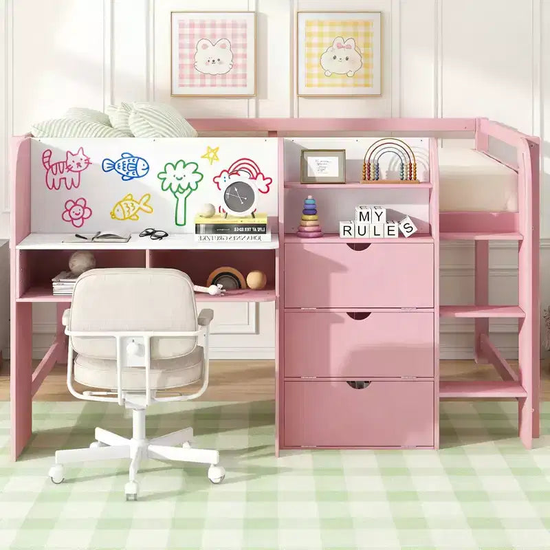 Roze/witte lage hoogslaper met bureau, opbergruimte en whiteboard ?C eenpersoonsbed, 1 persoon