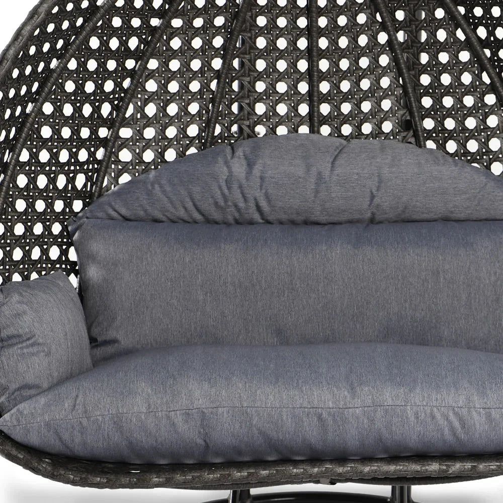 Fauteuil œuf suspendu 2 places LeisureMod avec support - fauteuil hamac balançoire de patio en osier de rotin pour l’extérieur et l’intérieur, avec coussins