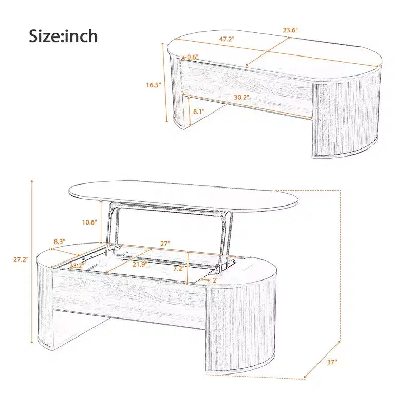 47.2 Couchtisch mit hochklappbarer Tischplatte und verstecktem Fach, oval, braun