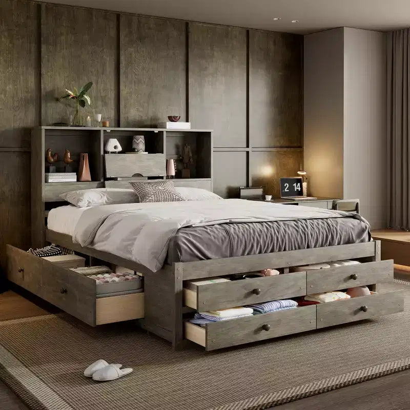 Queensize bed met opbergrek en 8 laden, eenvoudig te monteren