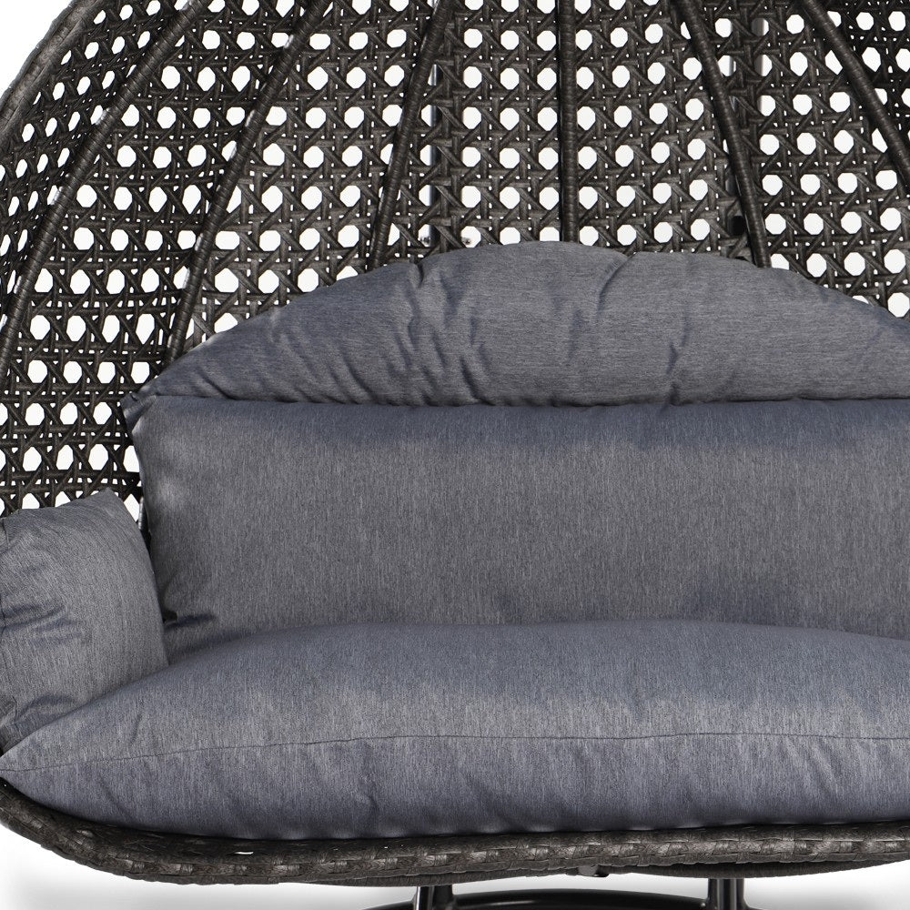 Fauteuil œuf suspendu 2 places LeisureMod avec support - fauteuil hamac balançoire de patio en osier de rotin pour l’extérieur et l’intérieur, avec coussins