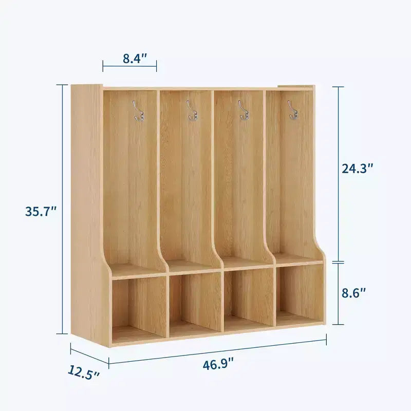 Bruin/witte locker met 4 vakken en 8 haken, voor kinderen