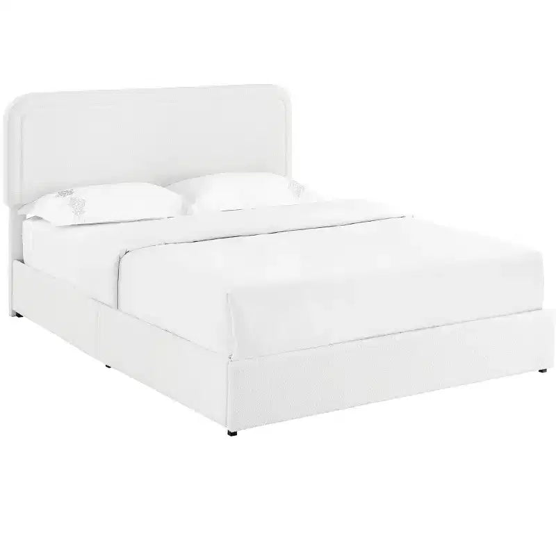 Modernes Queensize-Bett mit Bouclé-Polsterung und Schubladen