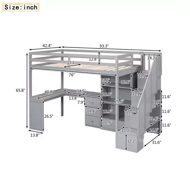 Hochbett in Einzelbettgröße mit L-förmigem Schreibtisch, 3 Schubladen, Schrank und Stauraum in der Treppe, Konstruktion aus massivem Kiefernholz/MDF