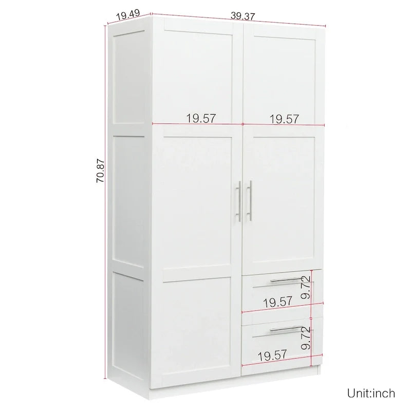Armoire de rangement en bois blanc avec portes, tiroirs et tringle de penderie