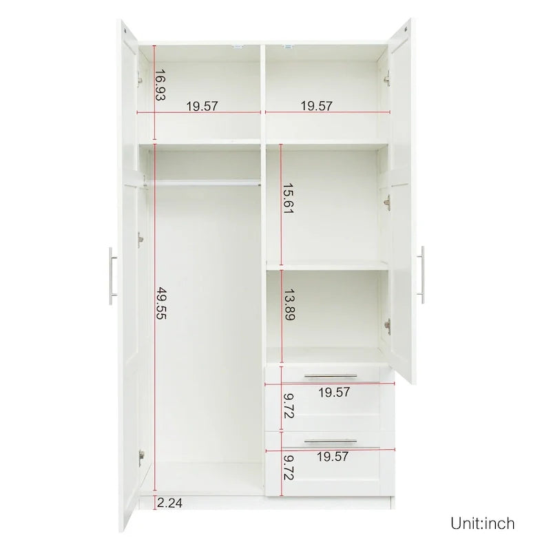 Armoire de rangement en bois blanc avec portes, tiroirs et tringle de penderie