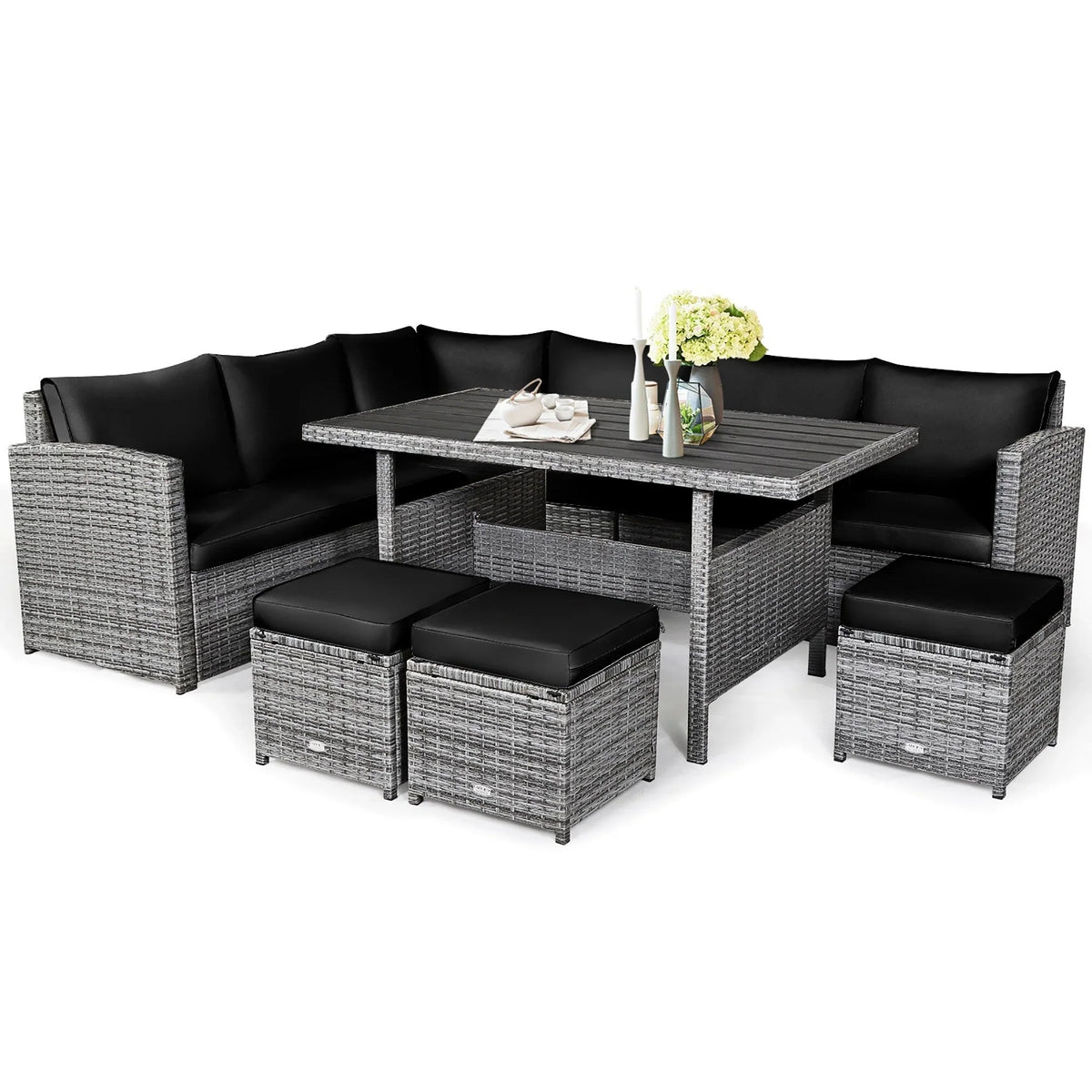 Costway, ensemble de salle à manger de jardin en rotin de 7 pièces avec canapé d’angle et repose-pieds - Voir les détails