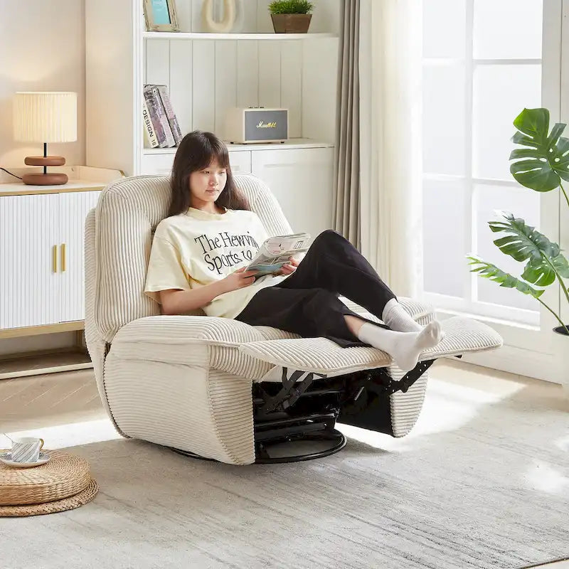 Corduroy Swivel Glider Recliner, Footrest for Living Room