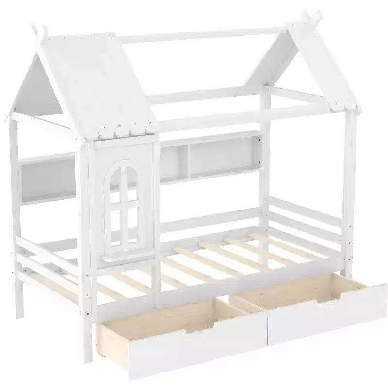 Hausbett mit Stauraumschubladen und Fenster, Massivholzrahmen mit Regalen, kindgerechtes verspieltes Design, hellweiß