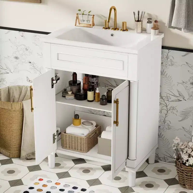 Badkamermeubel van 24 met keramische wastafel, kast in shakerstijl, 2 softclosedeuren en massiefhouten frame, voor een kleine badkamer of toiletruimte