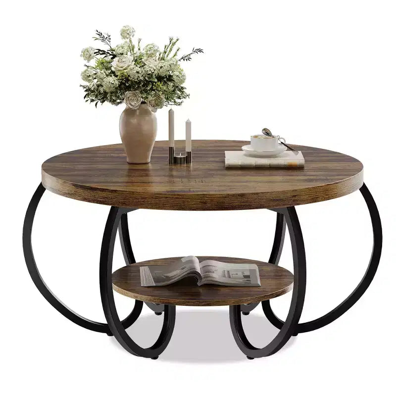 Ronde industriële salontafel van 30 inch, 2 niveaus, met verstelbare voetjes, plank met houtnerf, vlamontwerp, eenvoudig te monteren, voor de woonkamer