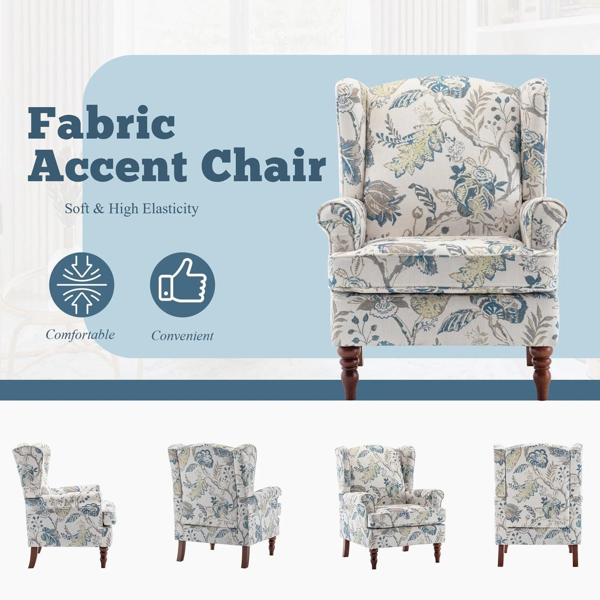 Fauteuil d’appoint moderne Erommy à dossier haut, fauteuil une place en tissu rembourré avec boutons et pieds en bois, pour salon